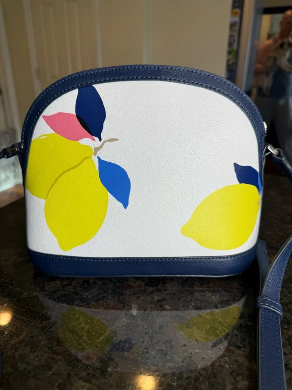 kate spade White Lemon Print Dome Crossbody with Navy Trim